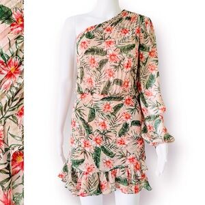 EXPRESS One Shoulder Romper Floral Chiffon Ruffle Faux Wrap Side Zip Lined